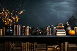 Bookshelf and vintage writing desk with books and decorations on black background. Generative AI photo
