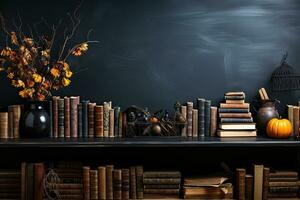 Bookshelf and vintage writing desk with books and decorations on black background. Generative AI photo