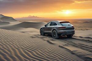 luxury car on sand dunes. Generative AI photo