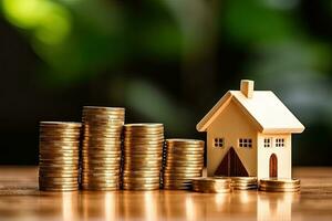 House model and coin stack on wooden table. Property investment and saving concept. Generative AI photo