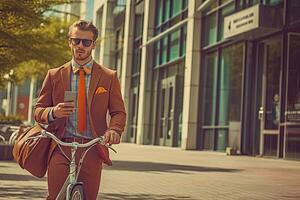 Handsome young man in suit and tie riding bicycle in city. Generative AI photo