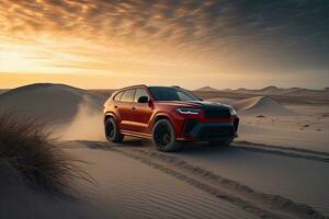 luxury car on sand dunes. Generative AI photo