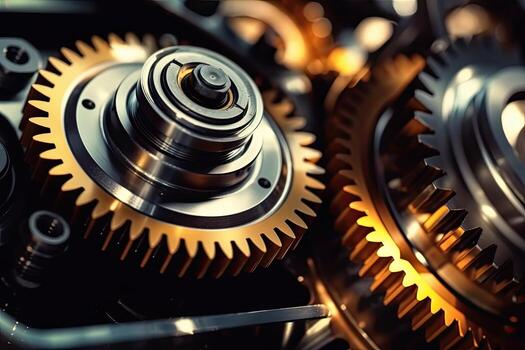 Gear wheels, close-up view. Mechanism and engineering concept. Generative AI photo