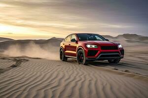 luxury car on sand dunes. Generative AI photo