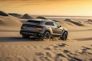 luxury car on sand dunes. Generative AI photo