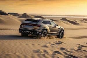 luxury car on sand dunes. Generative AI photo