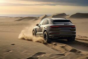 luxury car on sand dunes. Generative AI photo