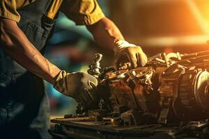 Close-up of mechanic hands repairing car engine in auto repair shop. Generative AI photo