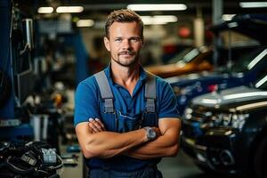 técnico, masculino auto mecánico en bata en moderno auto reparar comercio, cochera. generativo ai foto