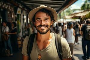 hermoso joven hombre turista teniendo divertido en verano vacaciones sonriente y mirando a cámara. generativo ai foto