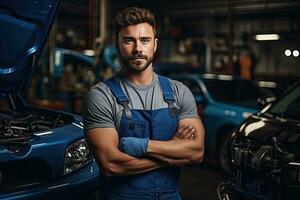 técnico, masculino auto mecánico en bata en moderno auto reparar comercio, cochera. generativo ai foto