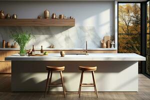 Interior of modern kitchen with gray walls, concrete floor, white marble countertops and bar with stools. Generative AI photo