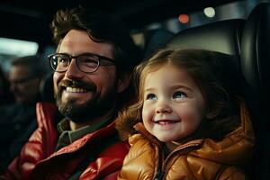 happy father and daughter looking at camera while sitting in backseat of car. Generative AI photo