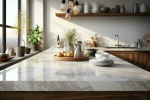 Interior of modern kitchen with gray walls, concrete floor, white marble countertops and bar with stools. Generative AI photo