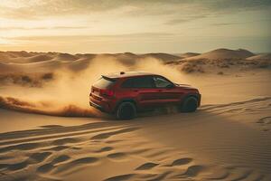 luxury car on sand dunes. Generative AI photo