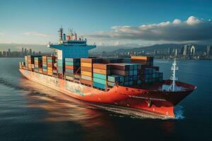 Goods import, export trade, logistics and international transportation by containers, cargo ships in the open sea, ocean cargo. Generative AI photo