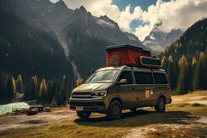 Camping in the mountains. Caravan car on the background of mountains. Generative AI photo