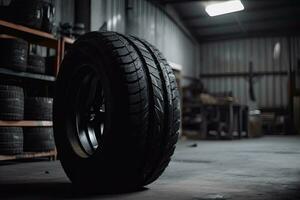 Mechanic service is changing new tires and wheels. on the garage background. Generative AI photo