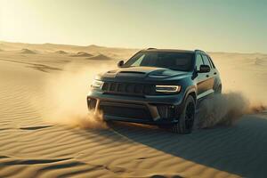 luxury car on sand dunes. Generative AI photo