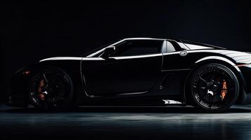 Close up front view of black sports car with copy space. Generative AI photo