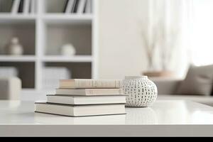 Close - up Modern white table top with free space to edit your product display with books above the living room blurred in the background. Generative AI photo