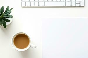 Office desk table with keyboard and coffee cup. Top view with copy space. Generative AI photo