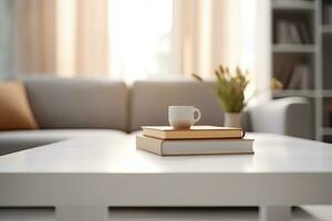 Close - up Modern white table top with free space to edit your product display with books above the living room blurred in the background. Generative AI photo