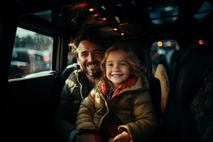 contento padre y hija mirando a cámara mientras sentado en asiento trasero de coche. generativo ai foto