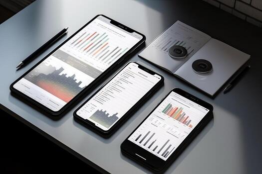 Smartphone and Tablet pc with financial charts and graphs on office desk, business concept. Generative AI photo