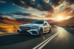 Sports car on the road at sunset with blur effect. Generative AI photo