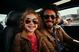 contento padre y hija mirando a cámara mientras sentado en asiento trasero de coche. generativo ai foto