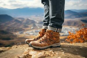 close view the legs of a young man standing on a hill. Generative AI photo