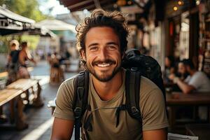 hermoso joven hombre turista teniendo divertido en verano vacaciones sonriente y mirando a cámara. generativo ai foto