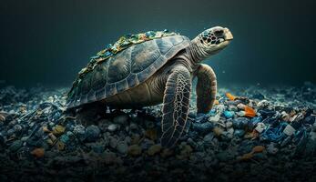 un Tortuga duerme entre el pila de algo de el plastico desperdiciar, concepto de ahorro el mundo. generativo ai. foto