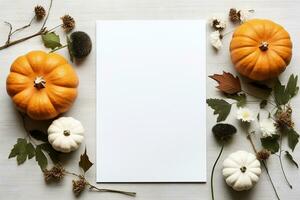 Autumn composition with pumpkins and leaves on white wooden background. Flat lay, top view, copy space Ai generative photo