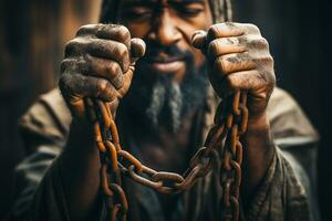 retrato de un Vagabundo mendigo hombre con cadenas en su manos ai generativo foto