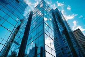 reflexión de azul cielo en ventanas de moderno oficina edificio. negocio antecedentes ai generativo foto
