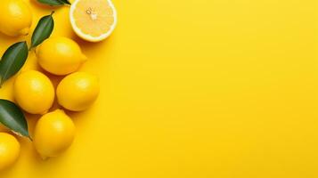 Fresh lemons with green leaves on yellow background, top view with copy space Ai generative photo