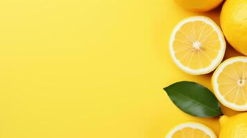Fresh lemons with green leaves on yellow background, top view with copy space Ai generative photo