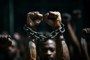 Close up of hands with chained hands on dark background. Freedom concept Ai generative photo