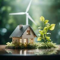 House with wind turbine on white background. Eco friendly concept Ai generative photo
