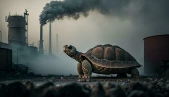 turtle stands watching a petrochemical refinery at sunrise. Generative AI. photo