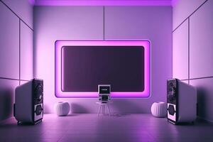 Recording studio with neon lights in projection. . photo