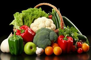 Composition with variety of raw organic vegetables on black background. Balanced diet Ai generative photo