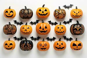 Halloween pumpkins with scary faces on white background, top view Ai generative photo