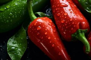 Fresh hot chili peppers with water drops on black background, closeup Ai generative photo