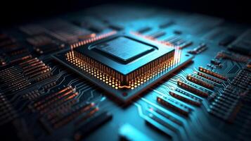 Micro CPU on circuit board with red lighting 3D. . photo