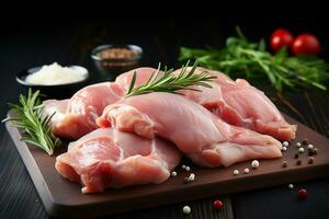 Raw pork chops with rosemary, salt and pepper on black background Ai generative photo