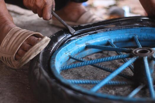 An Indonesian service worker is changing the tire of a bicycle cart manually photo