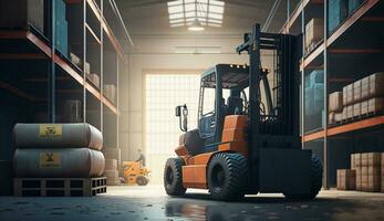 Concept image of a warehouse Forklift in the background of a large warehouse delivery. AI Generative. photo